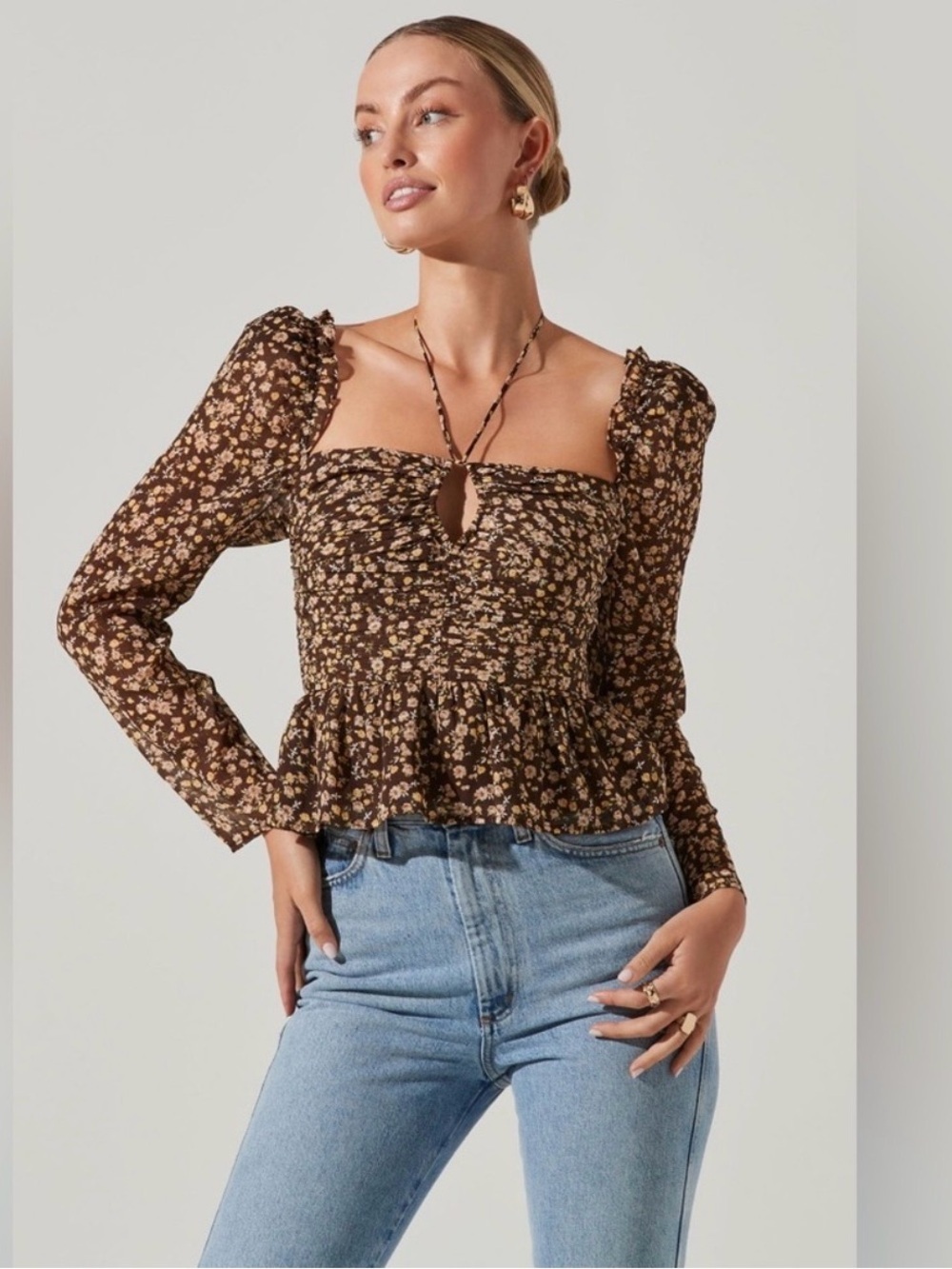 Astr Brown Floral Smocked Peplum Ruched Blouse
